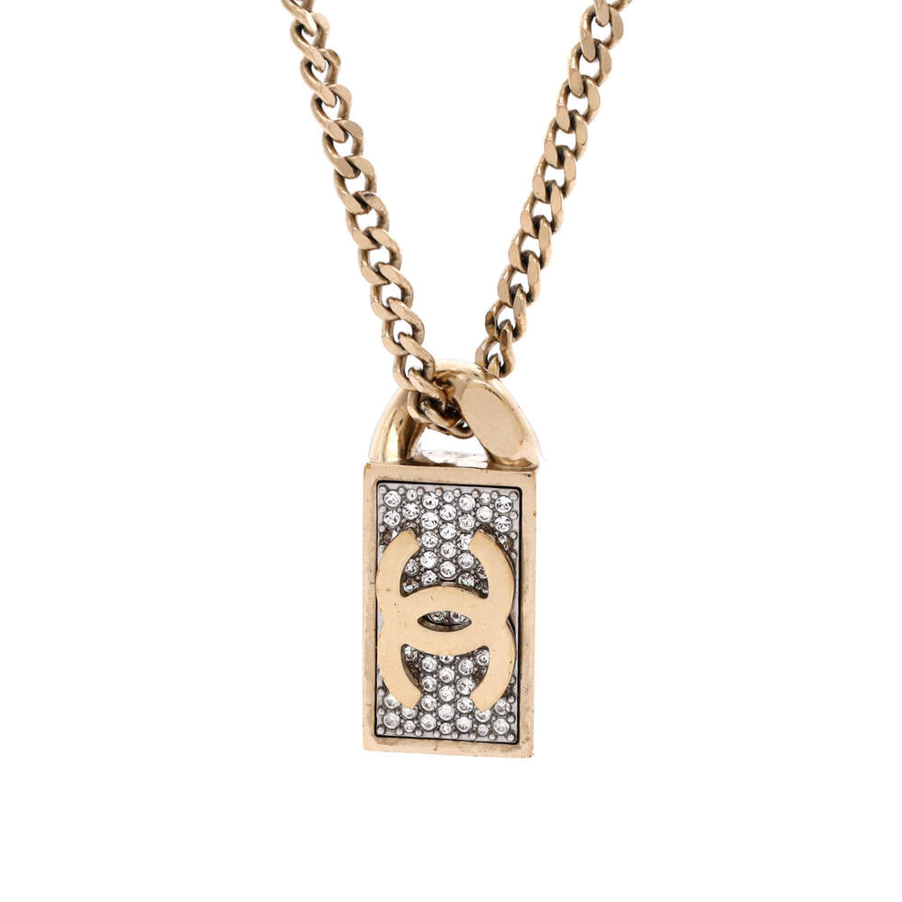 Chanel CC Dog Tag Pendant Necklace Metal with Crystals